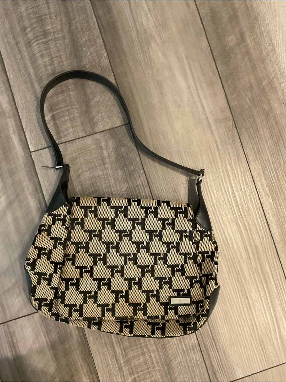 VINTAGE Tommy Hilfiger Beige and Black Monogram Canvas Crossbody Bag